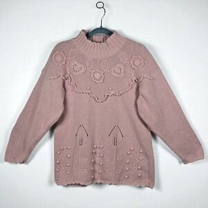 VTG Pink Floral Knit Sweater Woman Medium Mock Neck Pom Pom Detail Cottagecore